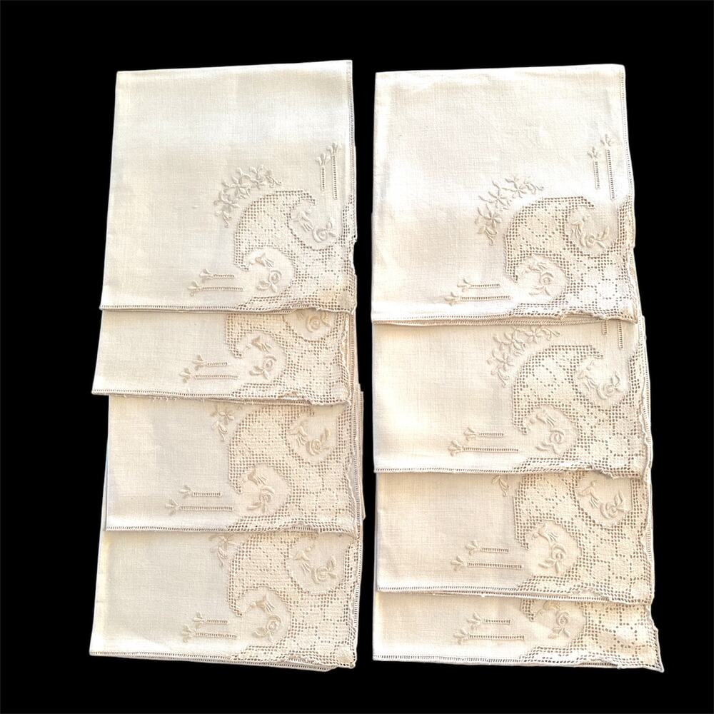 Set of 8 Vintage Italian Linen Napkins 16x16 Drawnwork Floral Embroidery Cream